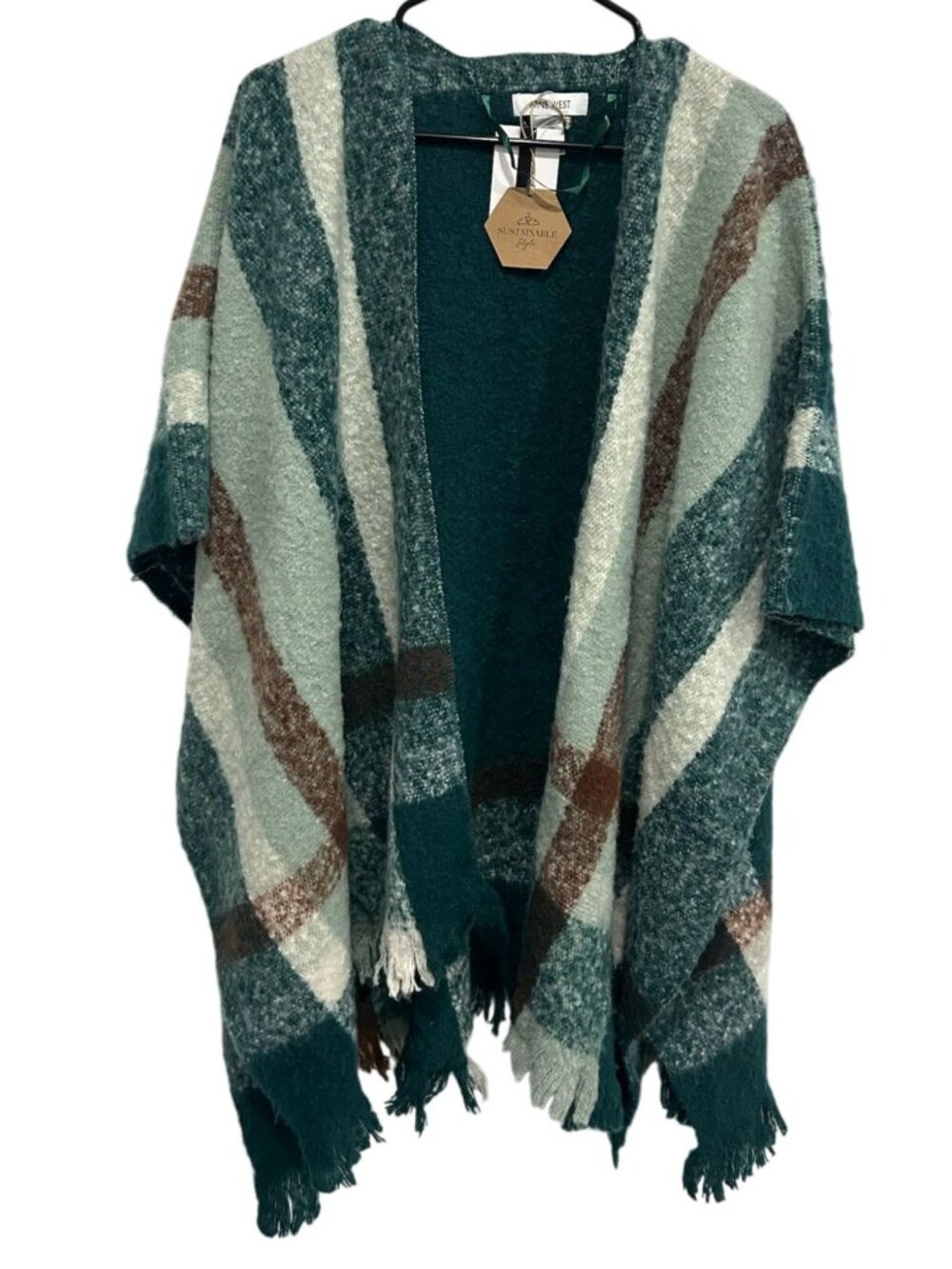 Nine West One Size Green Plaid Fringe Open Poncho Heritage Style Cottagecore NWT